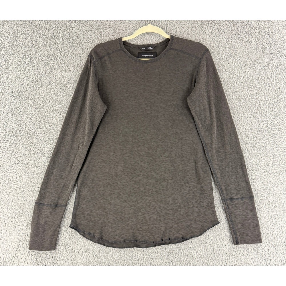 Wings + Horns Long Sleeve T Shirt Mens Medium Gray Slub Cotton Curved Hem